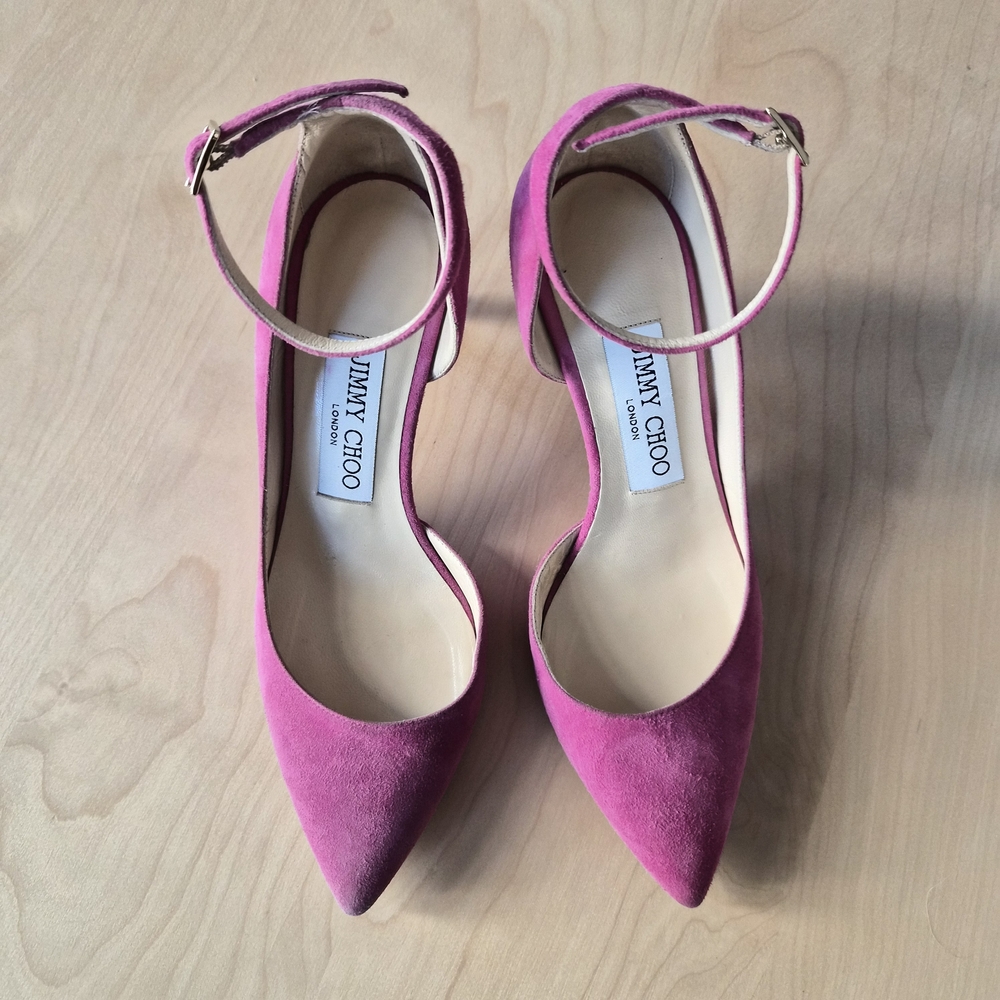Jimmy Choo Pink Suede Ankle Strap Heels | Size EU 35.5 | Pointed Toe Pumps